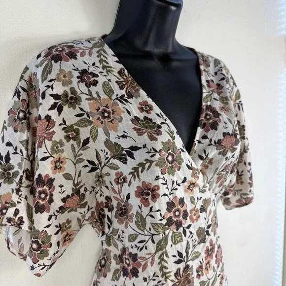 Faherty Willow V-neck Floral Print Linen Wrap Mini Dress size XXS Vacation NEW - Picture 5 of 14